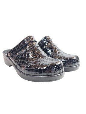 Ingaro Womens Size 8.5 Black Croc-Embossed Slip-On Clog Faux Leather